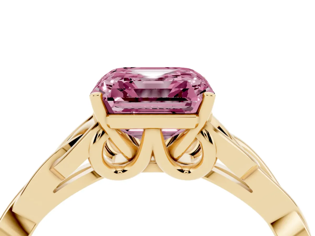 Fancy Pink Asscher Cut Diamond Solitaire Engagement Ring with Celtic Knot Band and Four-Prong Setting Yellow gold