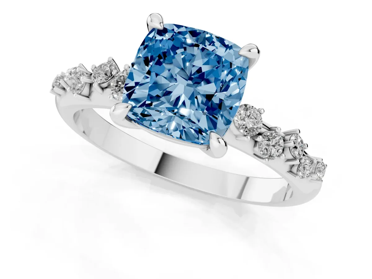 Fancy Blue Cushion Cut Cut Diamond Vine Band with Four-Prong Setting Platinum