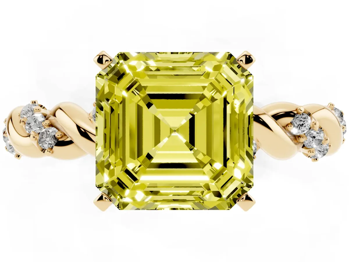 Fancy Yellow Asscher Cut Diamond Solitaire Ring with Twisted Band and Pavé Accents Yellow gold