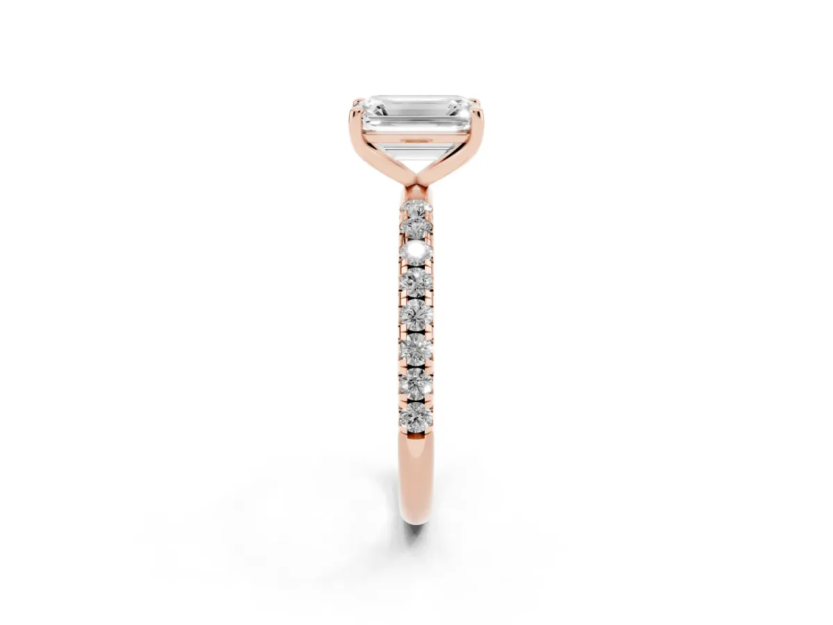 Emerald Cut Cut Diamond Solitaire Ring with Micro Pave Band and Four Prong Setting Rose gold