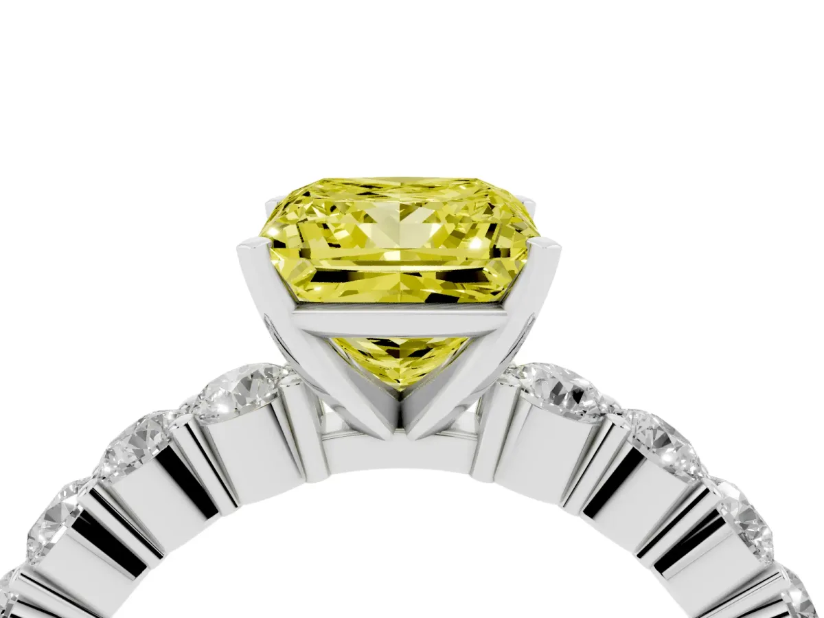 Fancy Yellow Princess Cut Diamond Solitaire Ring with Shared Prong Round Side Stones Platinum