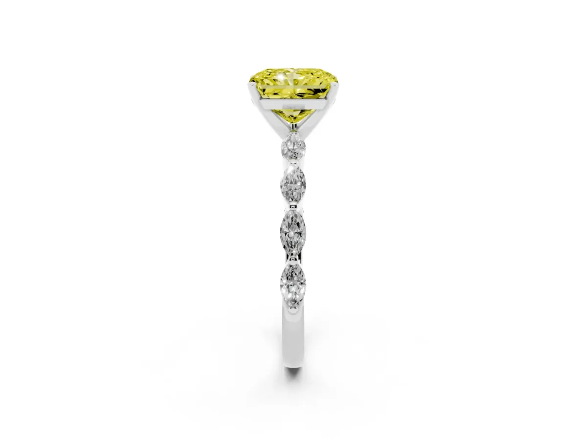 Fancy Yellow Radiant Cut Diamond Ring with Marquise Side Stones and Prong Setting Platinum