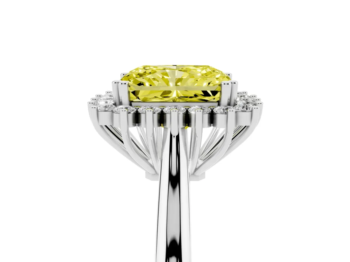 Fancy Yellow Radiant Cut Cut Diamond Halo Ring with Solitaire Band and Prong Setting White gold