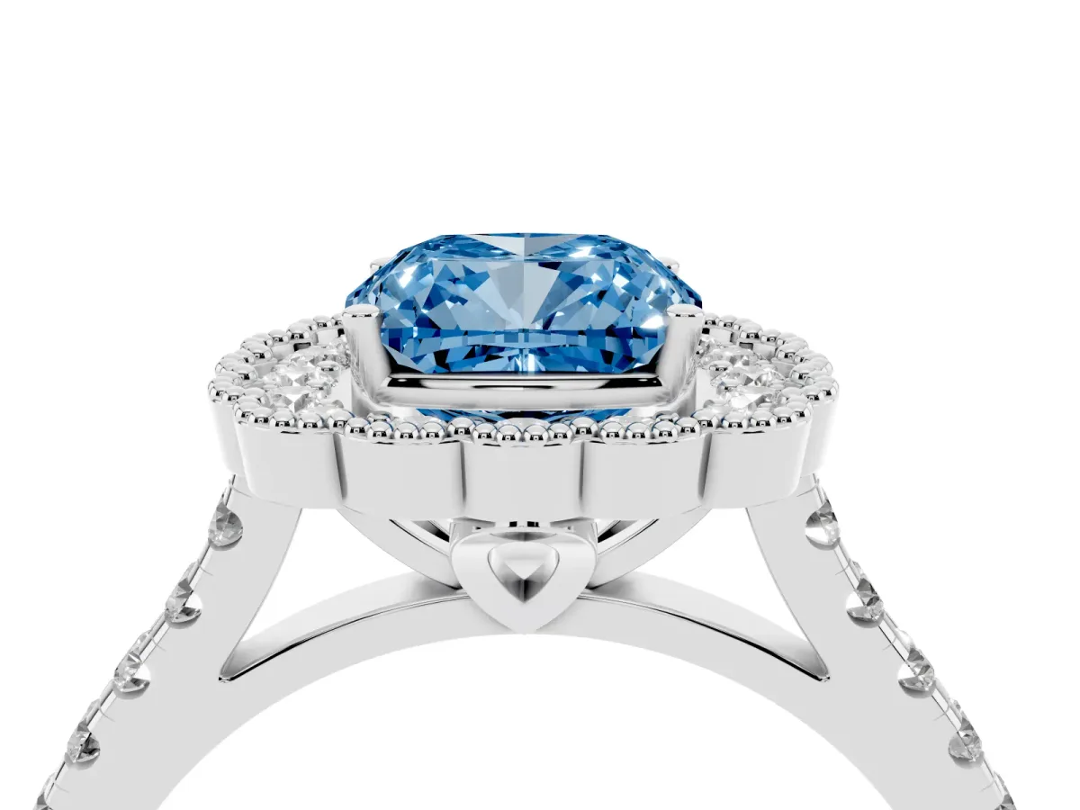 Fancy Blue Cushion Cut Cut Diamond Milgrain Floral Halo Engagement Ring with Pavé Band Platinum