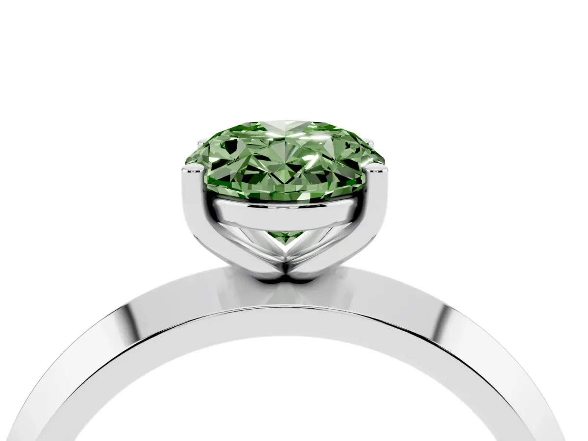 Fancy Green Oval Cut Cut Solitaire Engagement Ring with Flat Band and Four-Prong Setting White gold