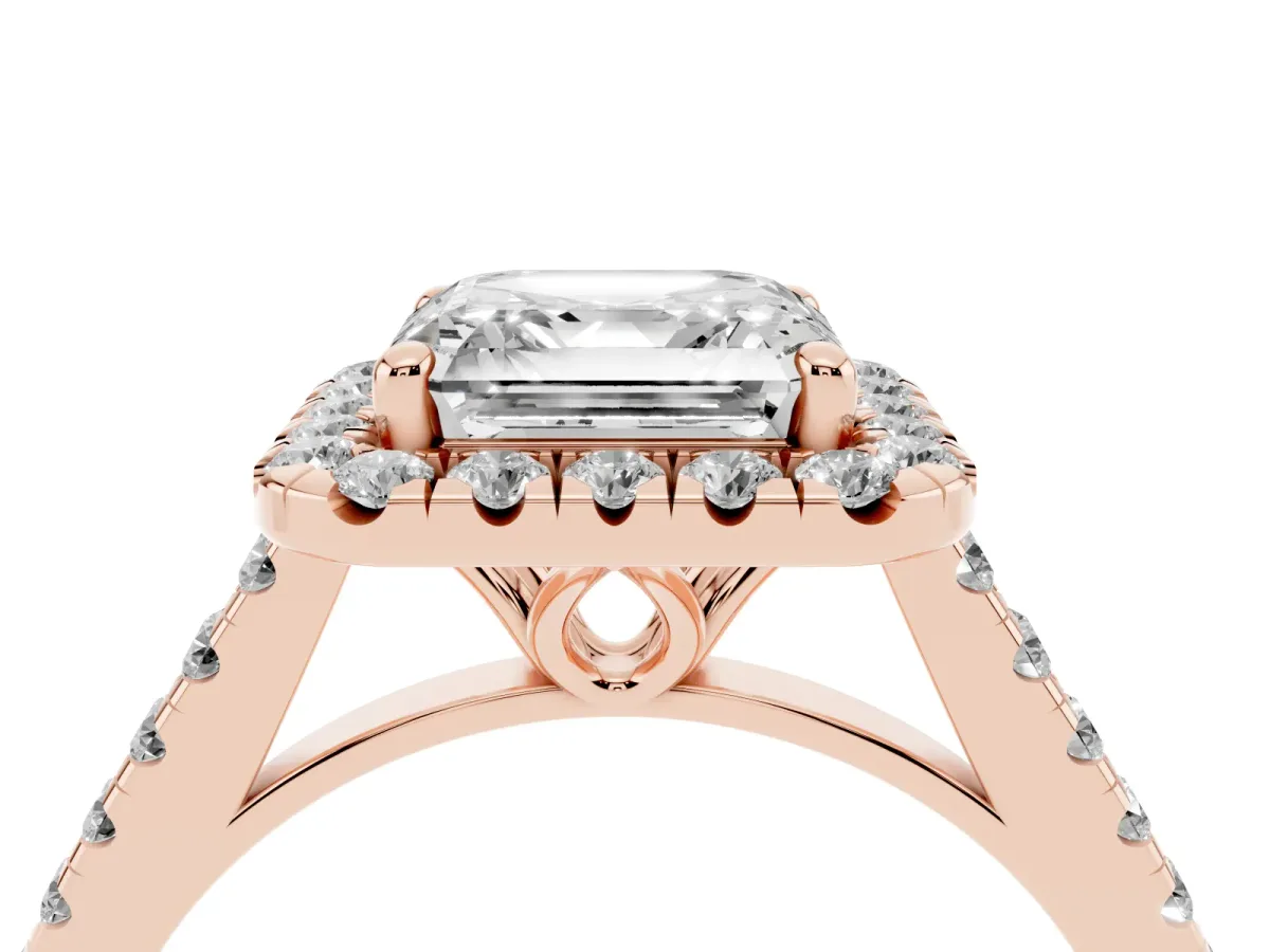 Asscher Cut Halo Pavé Diamond Engagement Ring with Four-Prong Setting Rose gold