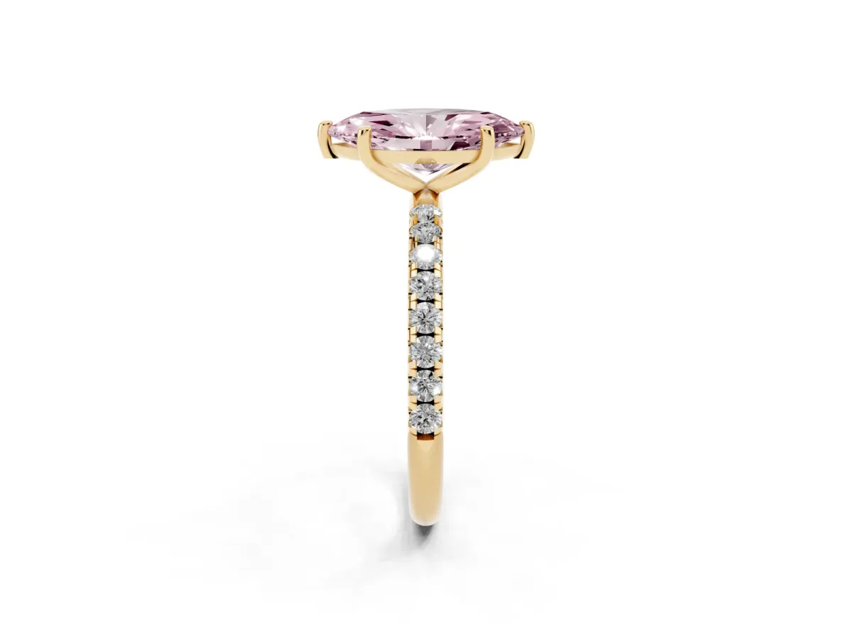 Fancy Pink Marquise Cut Cut Diamond Solitaire Ring with Micro Pave Band and Four Prong Setting Yellow gold