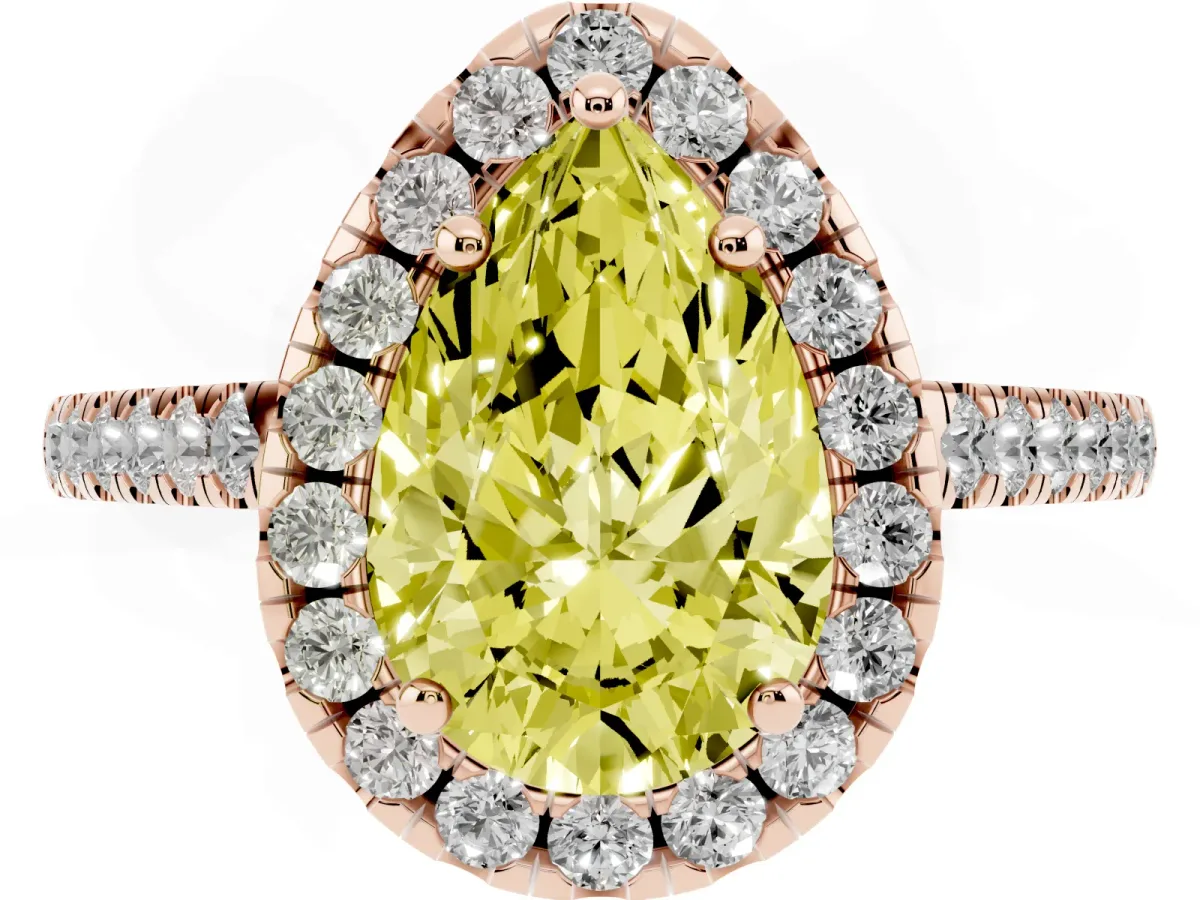 Fancy Yellow Pear Cut Halo Pavé Diamond Engagement Ring with Four-Prong Setting Rose gold
