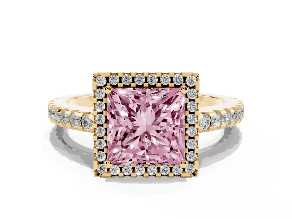 Fancy Pink Princess Cut Diamond Halo Engagement Ring with Pavé Band and Prong Setting Yellow gold
