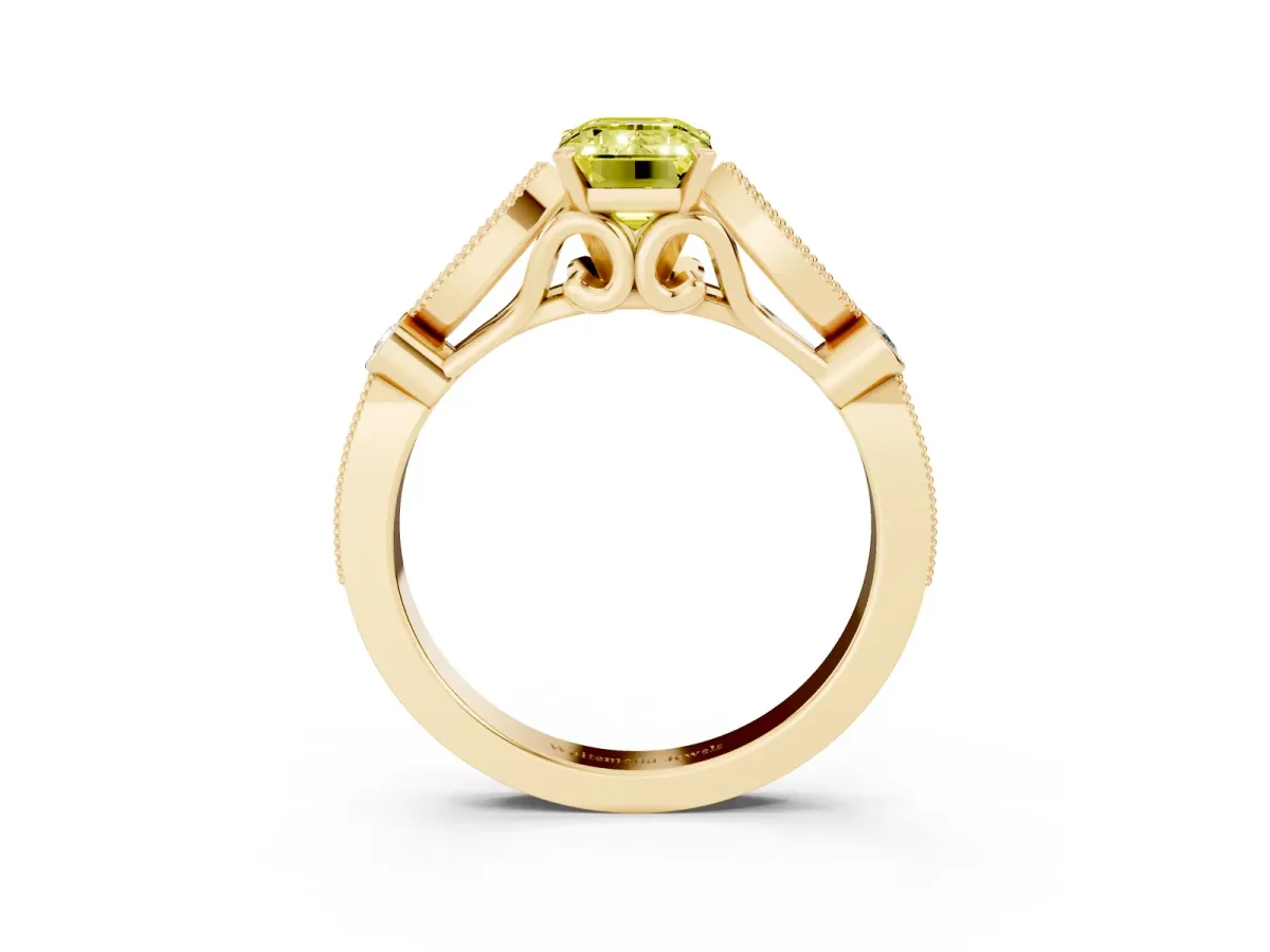 Fancy Yellow Emerald Cut Cut Diamond with Milgrain Marquise and Bezel Accents on a Solitaire Band with Prong Setting Yellow gold