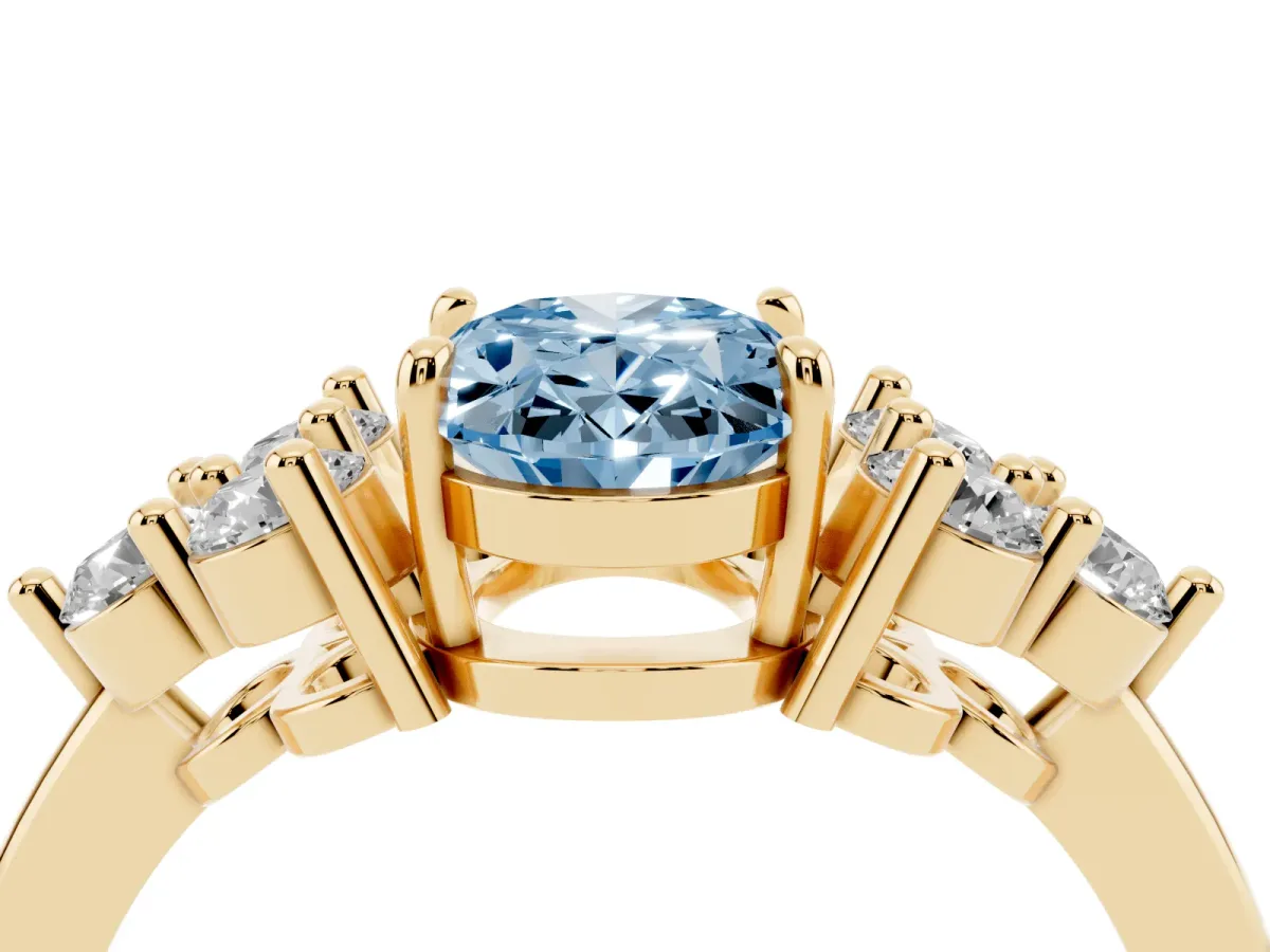 Fancy Blue Oval Cut Brilliant Diamond Cluster Accent Solitaire Ring with Prong Setting Yellow gold