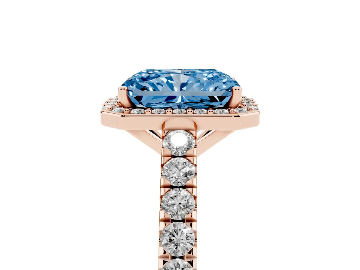 Fancy Blue Radiant Cut Cut Halo Diamond Engagement Ring with Pave Band and Four-Prong Setting Rose gold