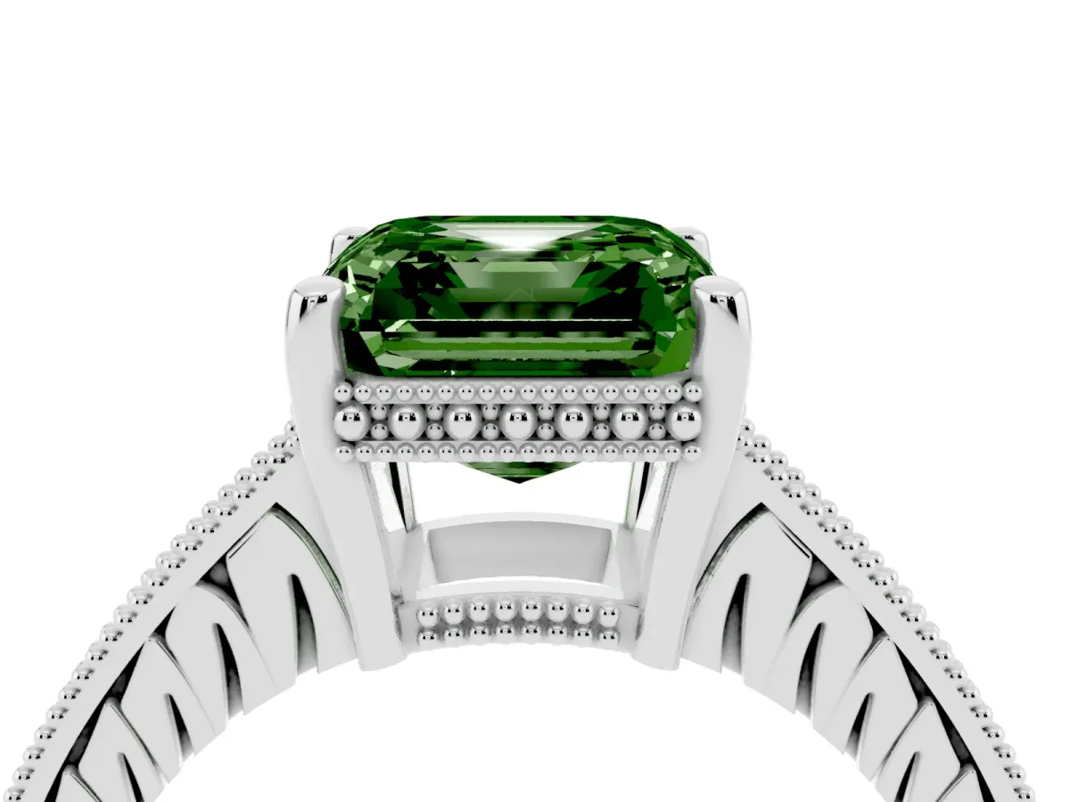 Fancy Green Asscher Cut Solitaire Pavé Diamond Milgrain Engagement Ring with Four-Prong Setting Silver