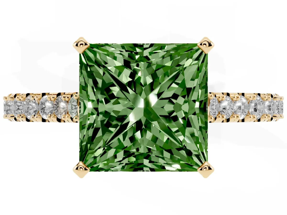 Fancy Green Princess Cut Cut Solitaire Diamond Engagement Ring with Pave Band and Four-Prong Setting Yellow gold