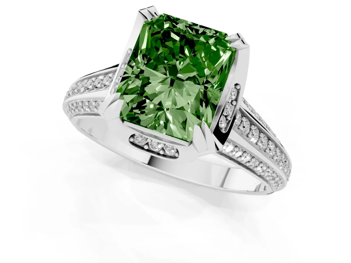 Fancy Green Radiant Cut Solitaire Pave Split Shank Ring with Four-Prong Setting Silver