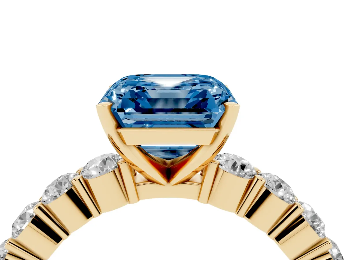 Fancy Blue Asscher Cut Diamond Solitaire Ring with Shared Prong Round Side Stones Yellow gold
