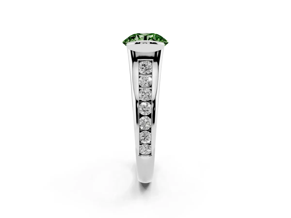 Fancy Green Round Cut Solitaire Bezel-Set Diamond Ring with Channel-Set Band Platinum