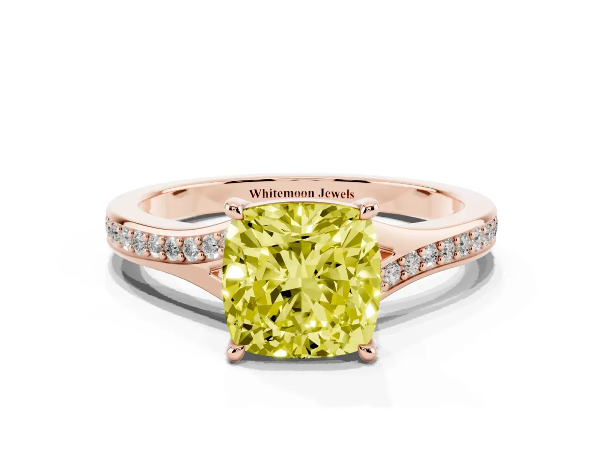 Fancy Yellow Cushion Cut Diamond Solitaire Ring with Pavé Band and Prong Setting Rose gold