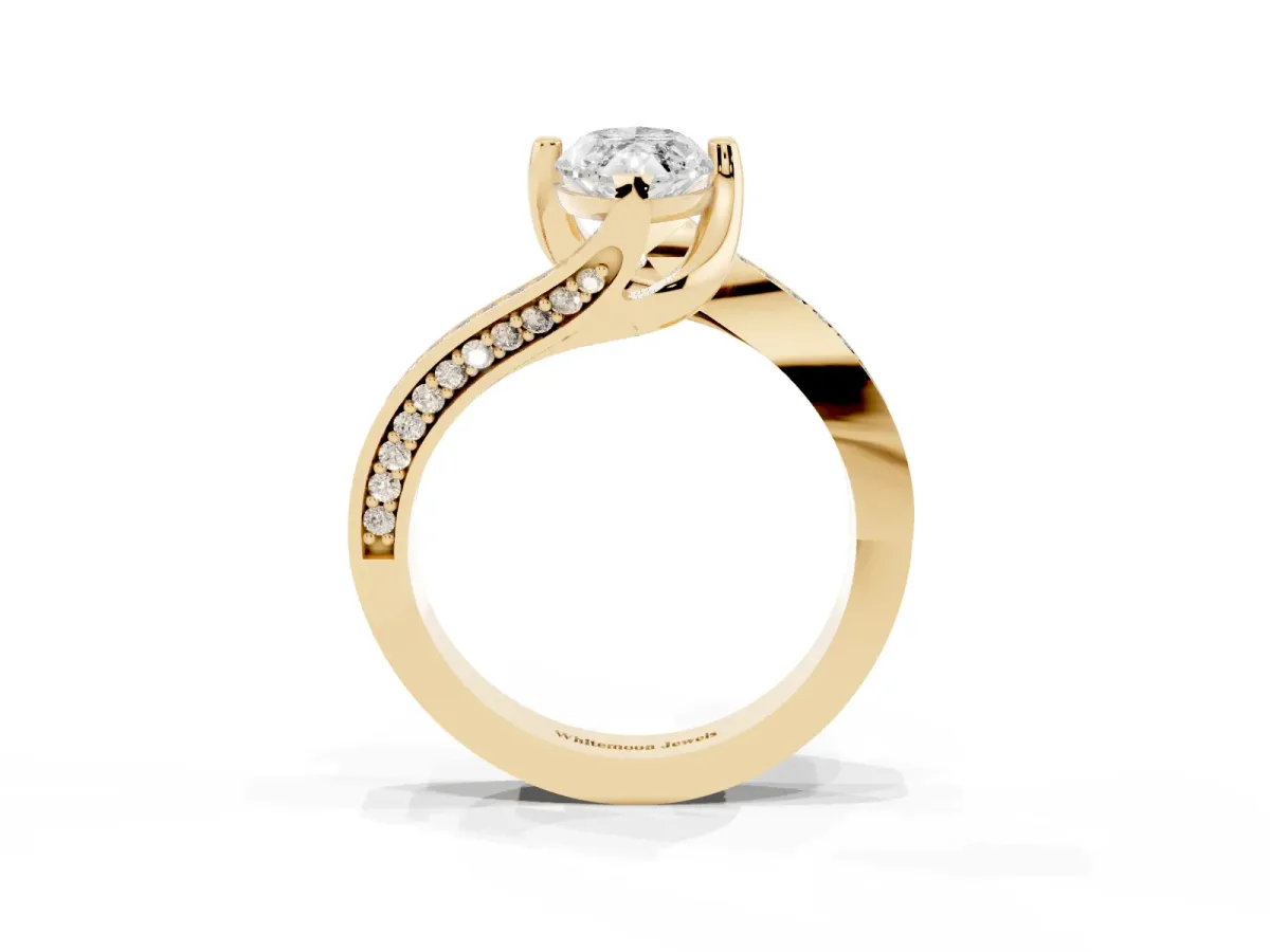 Marquise Cut Solitaire Diamond Twist Band with Pavé Setting and Four-Prong Setting Yellow gold