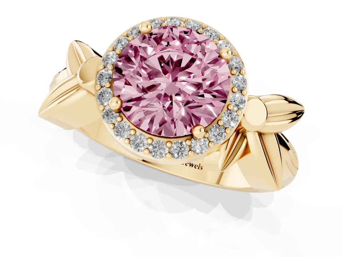 Fancy Pink Round Cut Halo Diamond Floral Band with Four-Prong Setting Yellow gold