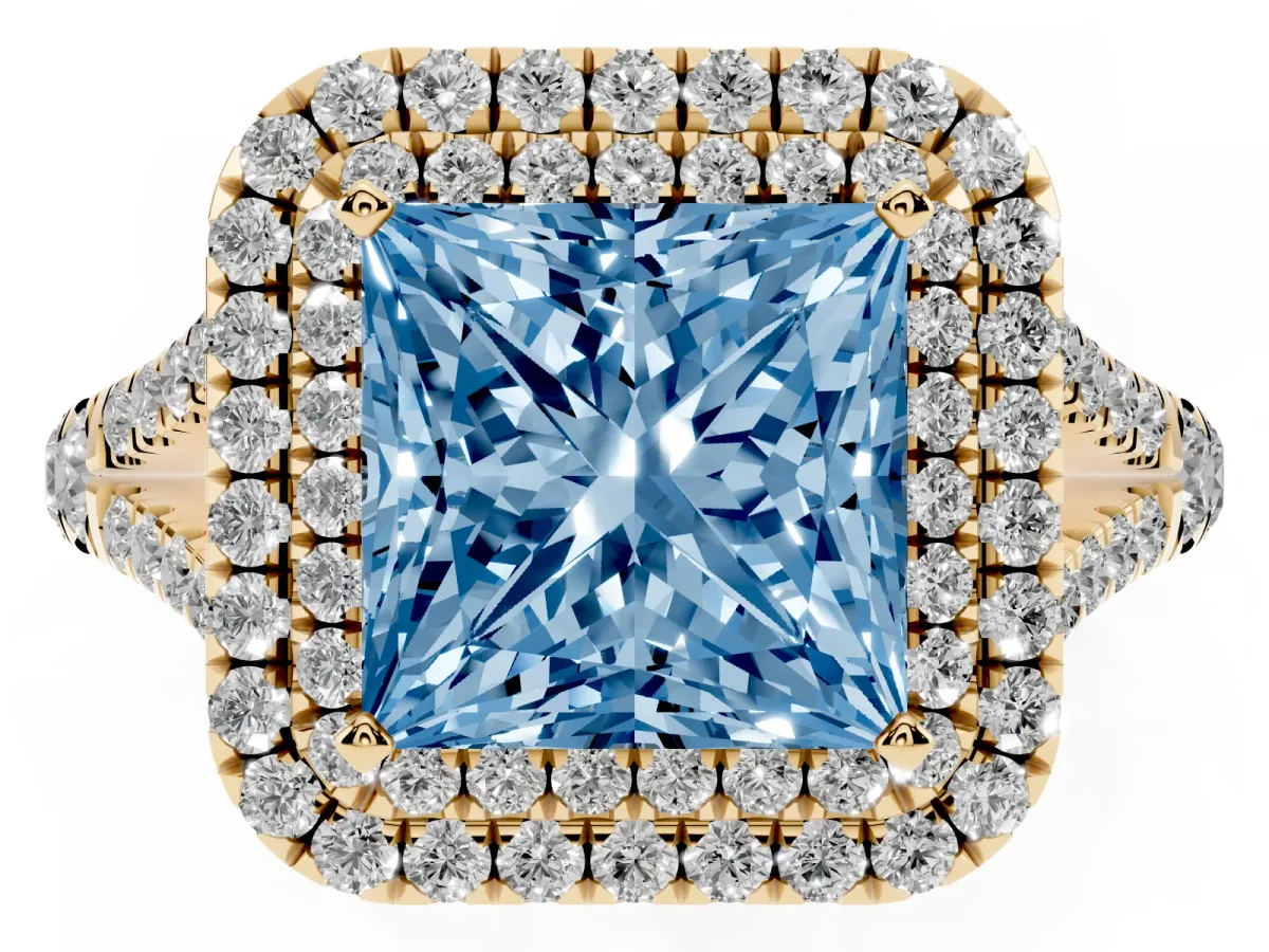 Fancy Blue Double Halo Princess Cut Diamond Split Shank Engagement Ring with Four-Prong Setting Yellow gold