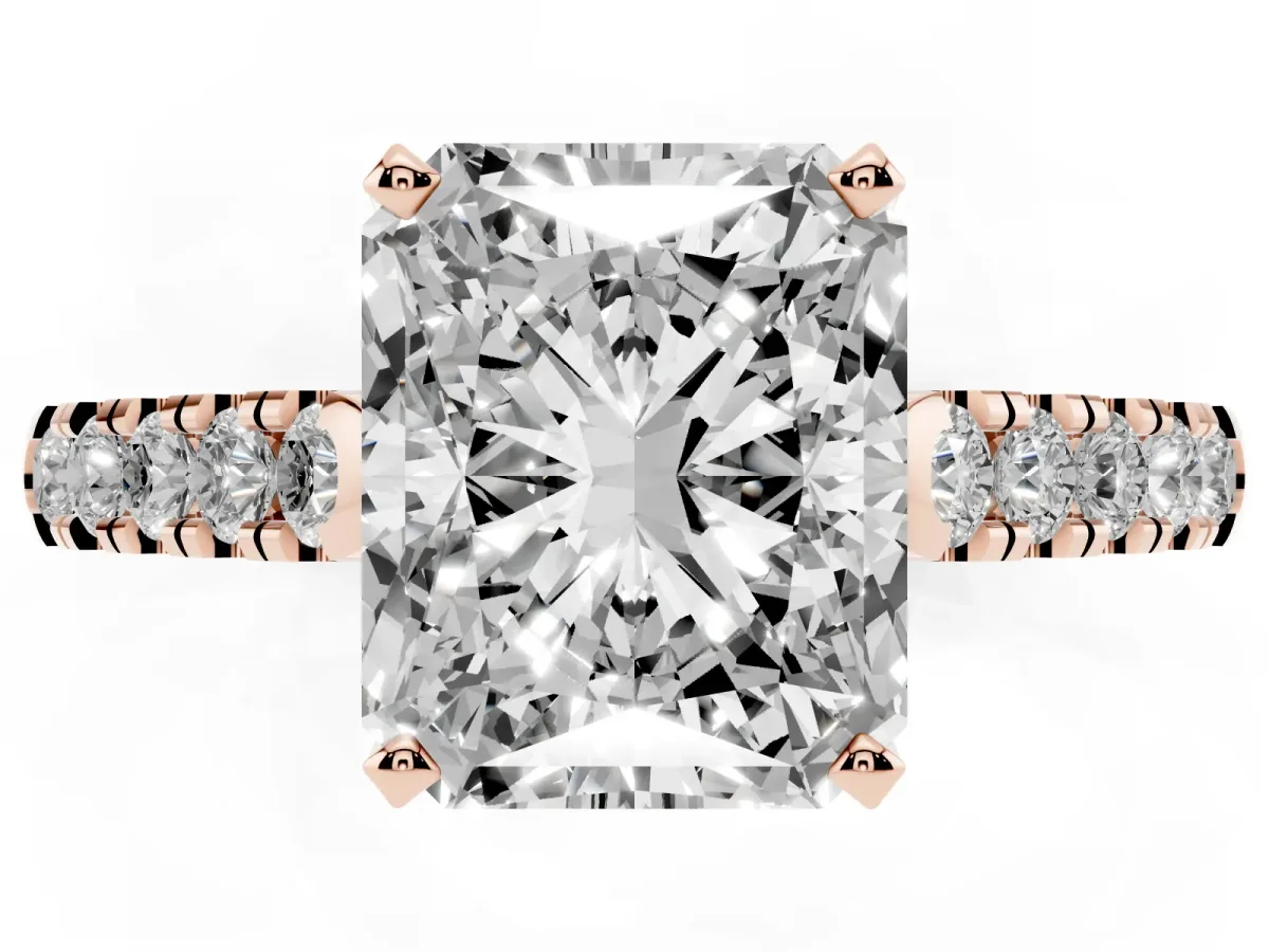 Radiant Cut Diamond Pavé Band Solitaire Ring with Prong Setting Rose gold