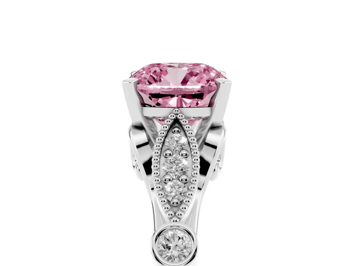 Fancy Pink Cushion Cut Cut Diamond with Milgrain Marquise and Bezel Accents on a Solitaire Band with Prong Setting White gold