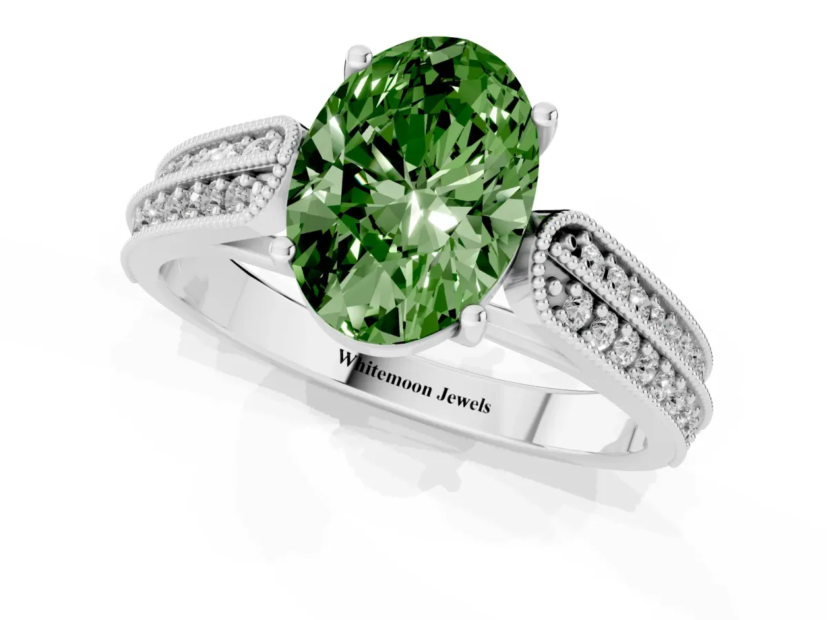 Fancy Green Oval Cut Cut Pave Split Shank Engagement Ring with Four-Prong Setting Silver