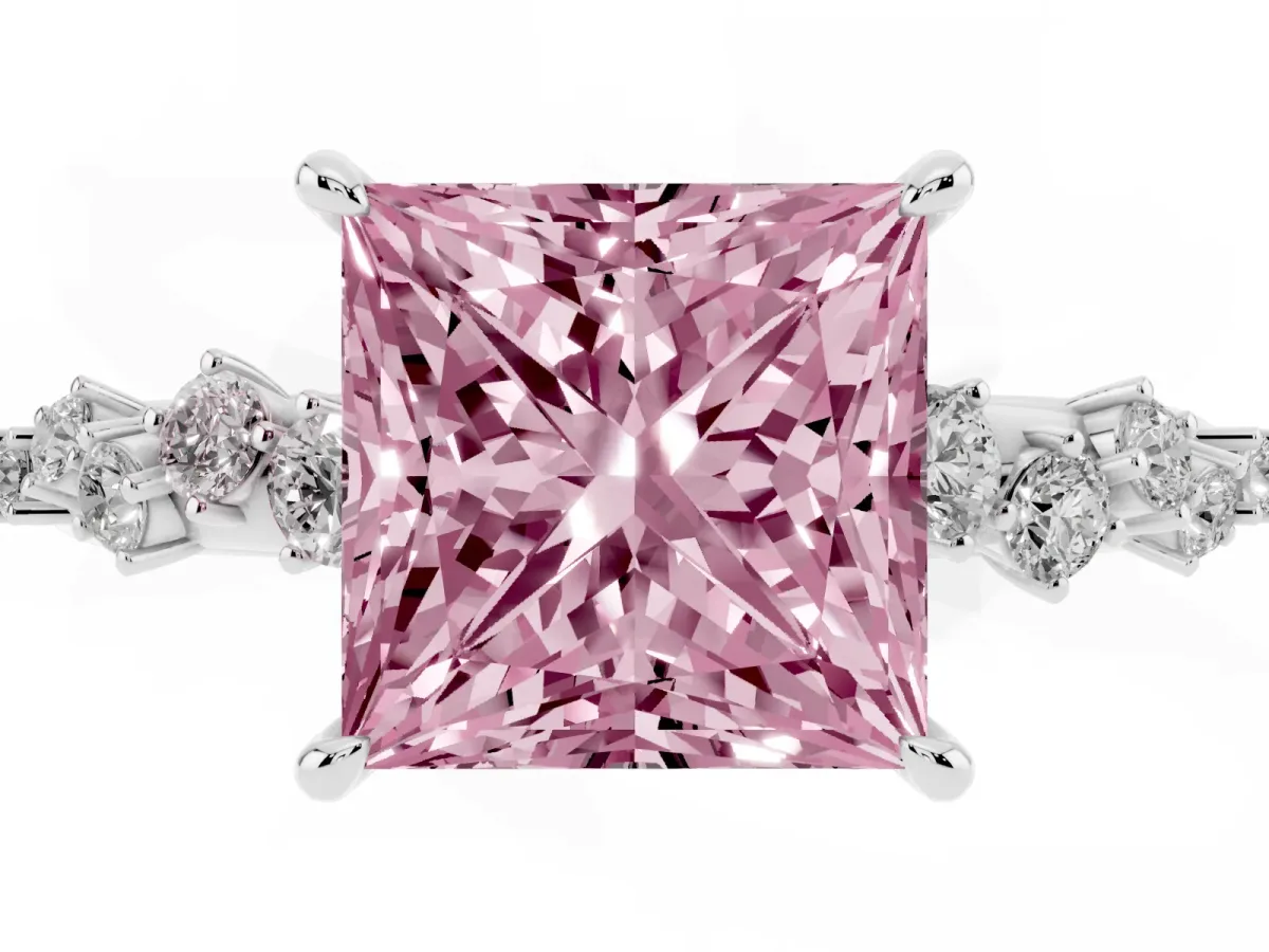 Fancy Pink Princess Cut Diamond Cluster Side Stone Solitaire Ring with Prong Setting Silver