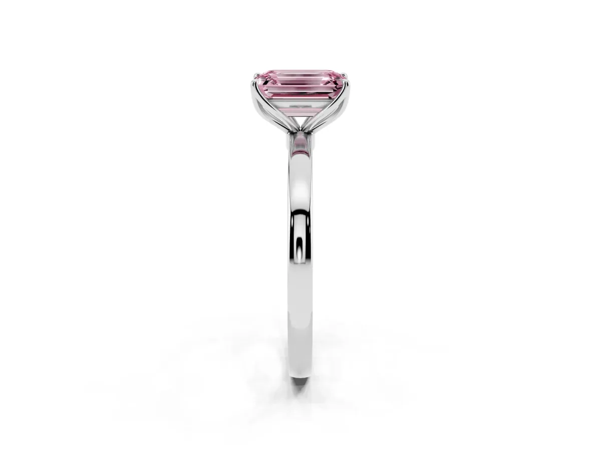 Fancy Pink Emerald Cut Diamond Solitaire Ring with Thin Band and Prong Setting Platinum