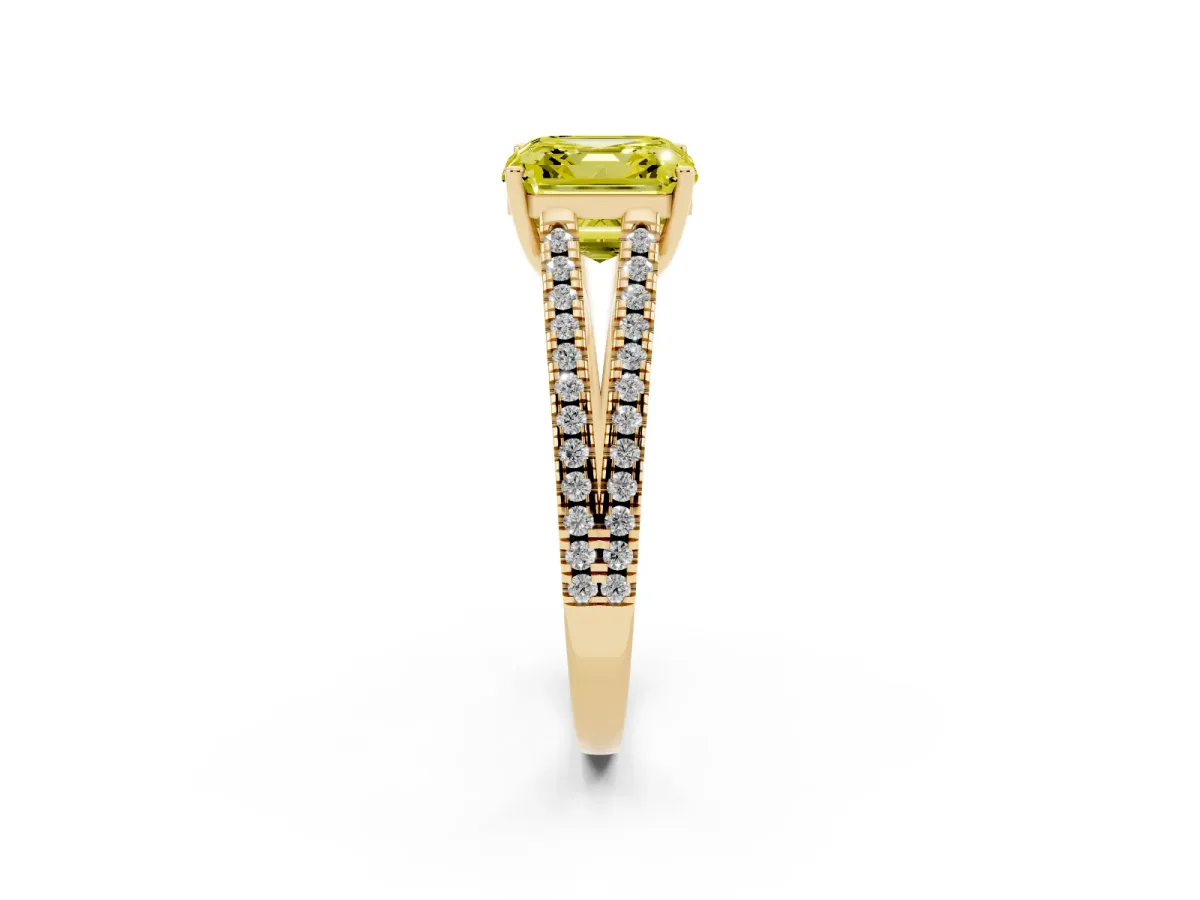 Fancy Yellow Asscher Cut Diamond Solitaire Engagement Ring with Split Shank Pavé Band Yellow gold