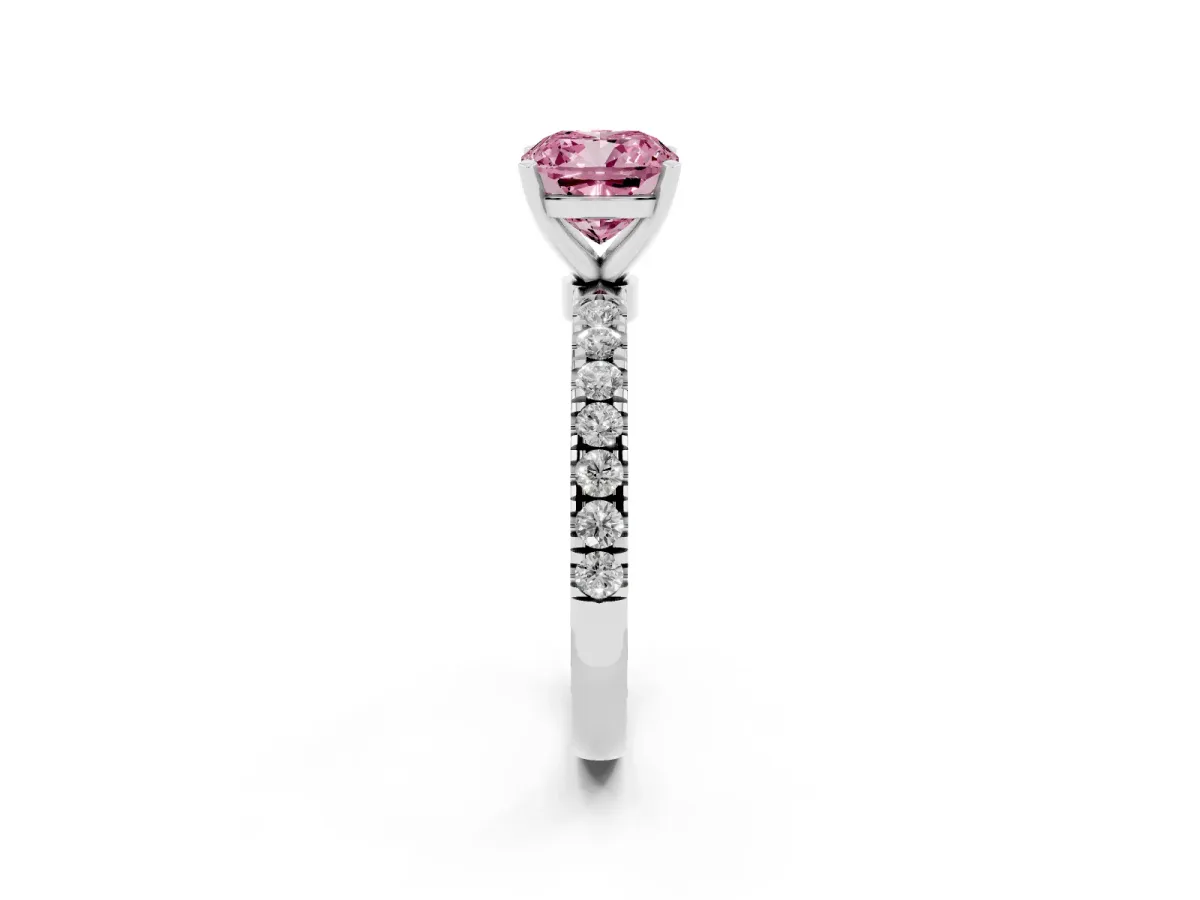 Fancy Pink Cushion Cut Diamond Solitaire Ring with Pavé Accents and Four-Prong Setting White gold