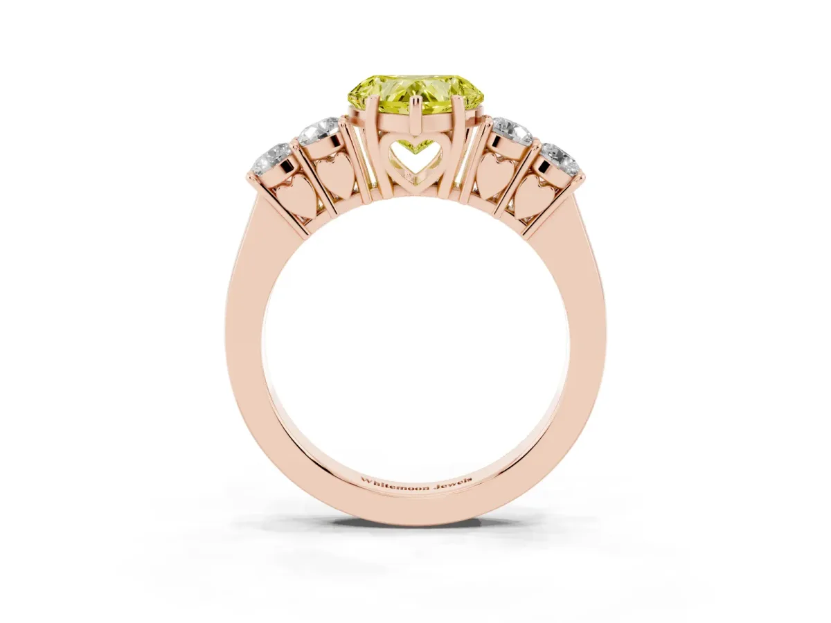 Fancy Yellow Heart Cut Cut Diamond Five-Stone Prong Set White Gold Ring Rose gold