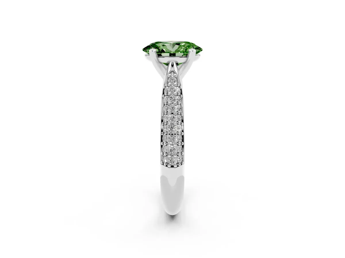 Fancy Green Oval Cut Diamond Solitaire Engagement Ring with Multi-Row Round Pavé Band and Prong Setting White gold