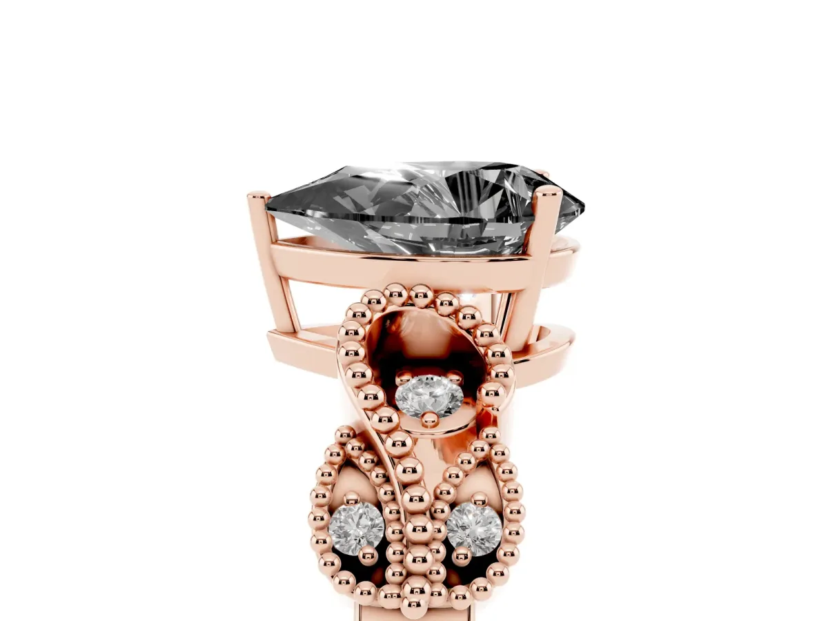 Fancy Black Pear Cut Solitaire Milgrain Leaf Band with Prong Setting Rose gold