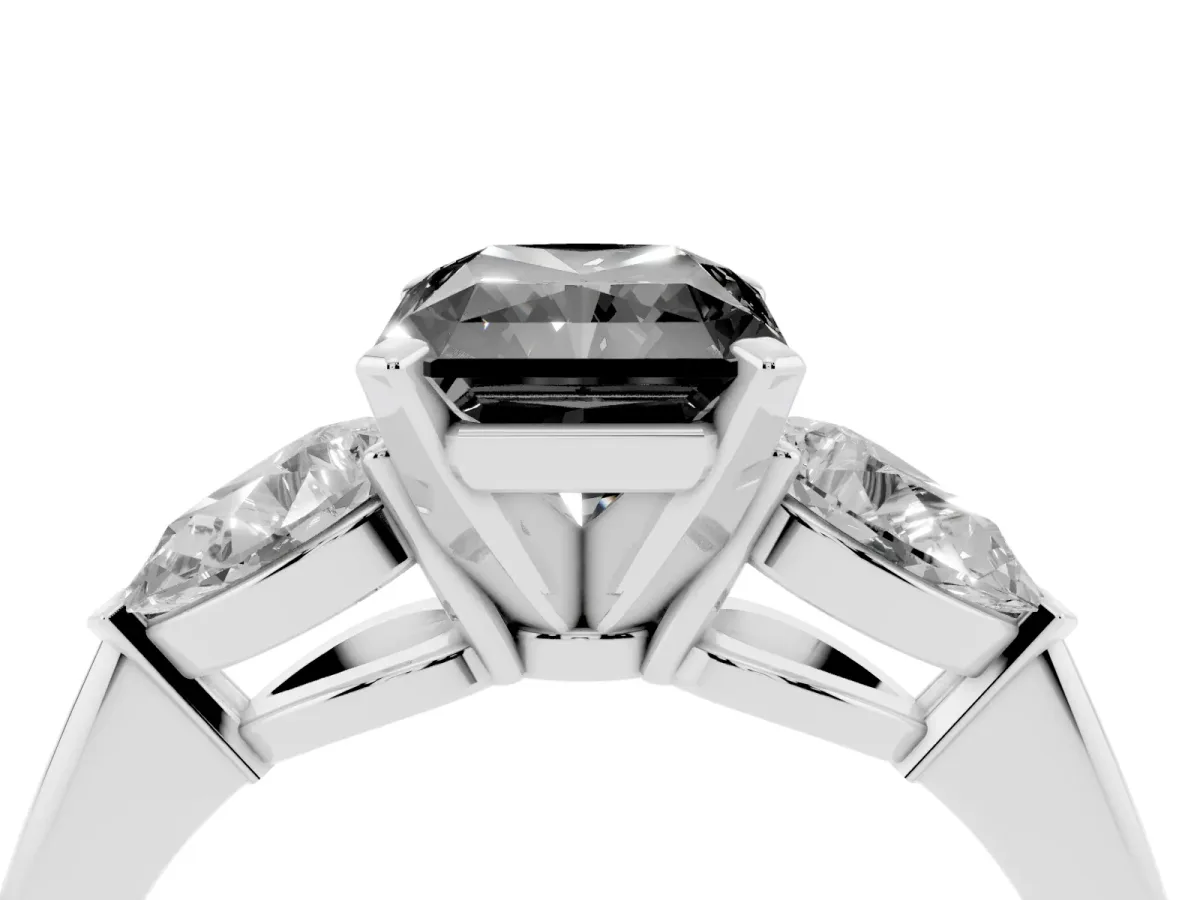 Fancy Black Three-Stone Radiant Cut Diamond Ring with Pear Side Stones and Four-Prong Setting Silver