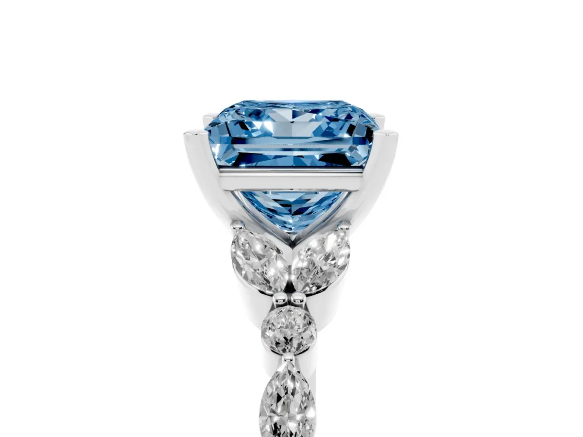 Fancy Blue Princess Cut Diamond Solitaire Ring with Side Stones and Four-Prong Setting Platinum