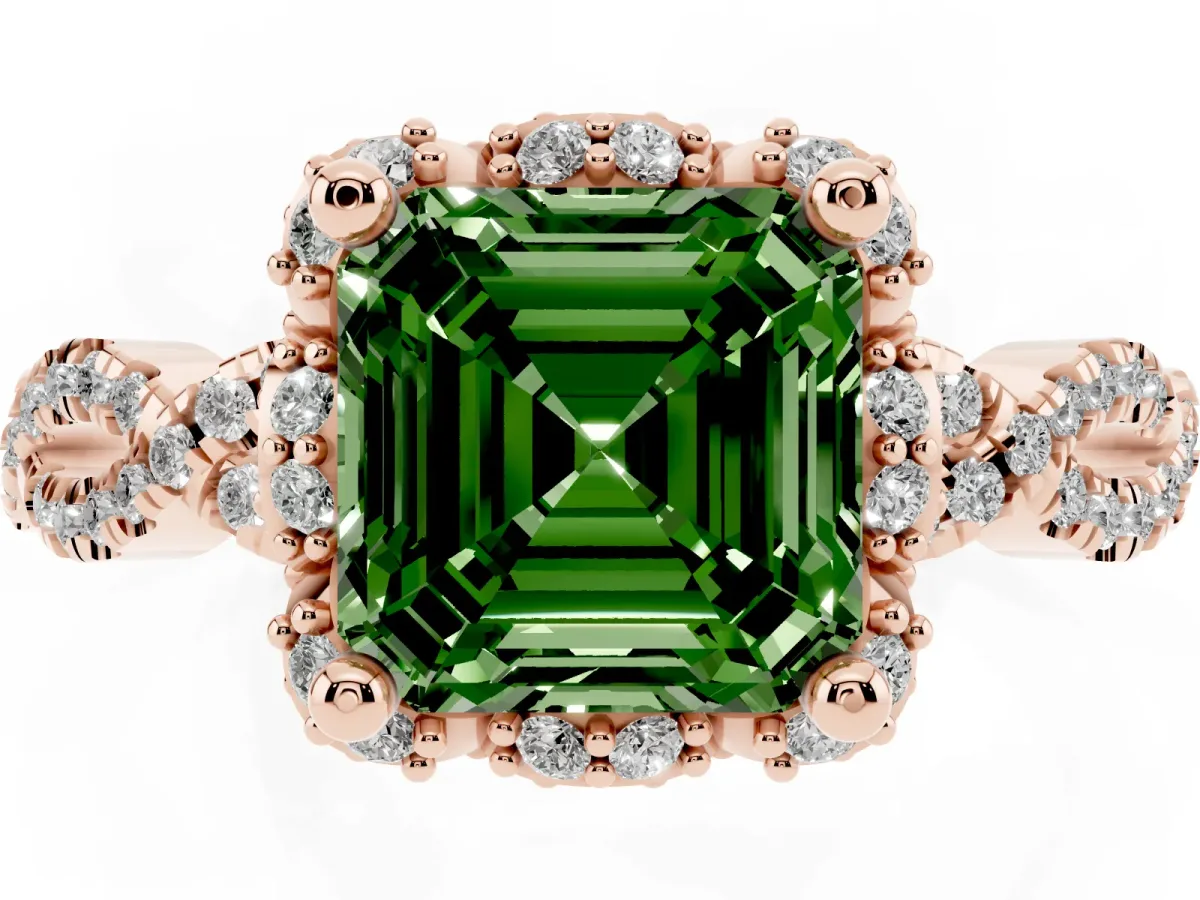 Fancy Green Asscher Cut Halo Twist Band Solitaire Ring with Six-Prong Setting Rose gold