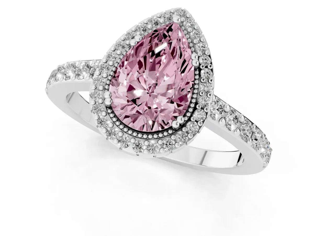 Fancy Pink Pear Cut Cut Diamond Halo Engagement Ring with Milgrain Detail and Pavé Band Silver
