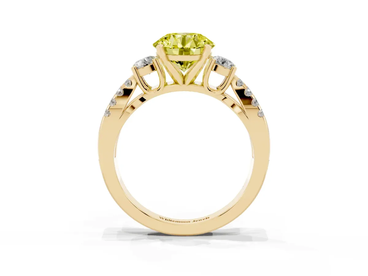 Fancy Yellow Round Cut Diamond Three-Stone Ring with Pavé Split Shank and Four-Prong Setting Yellow gold