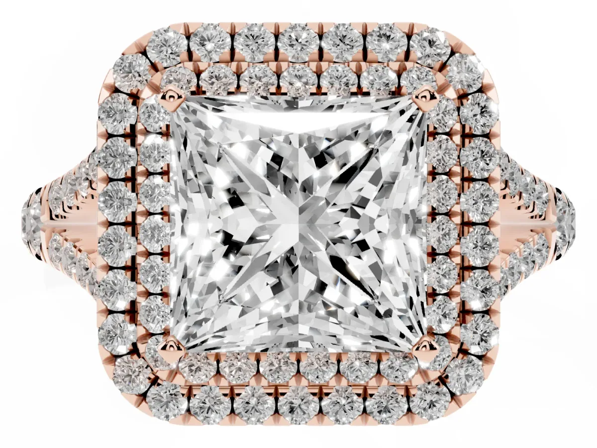 Double Halo Princess Cut Diamond Split Shank Engagement Ring with Four-Prong Setting Rose gold