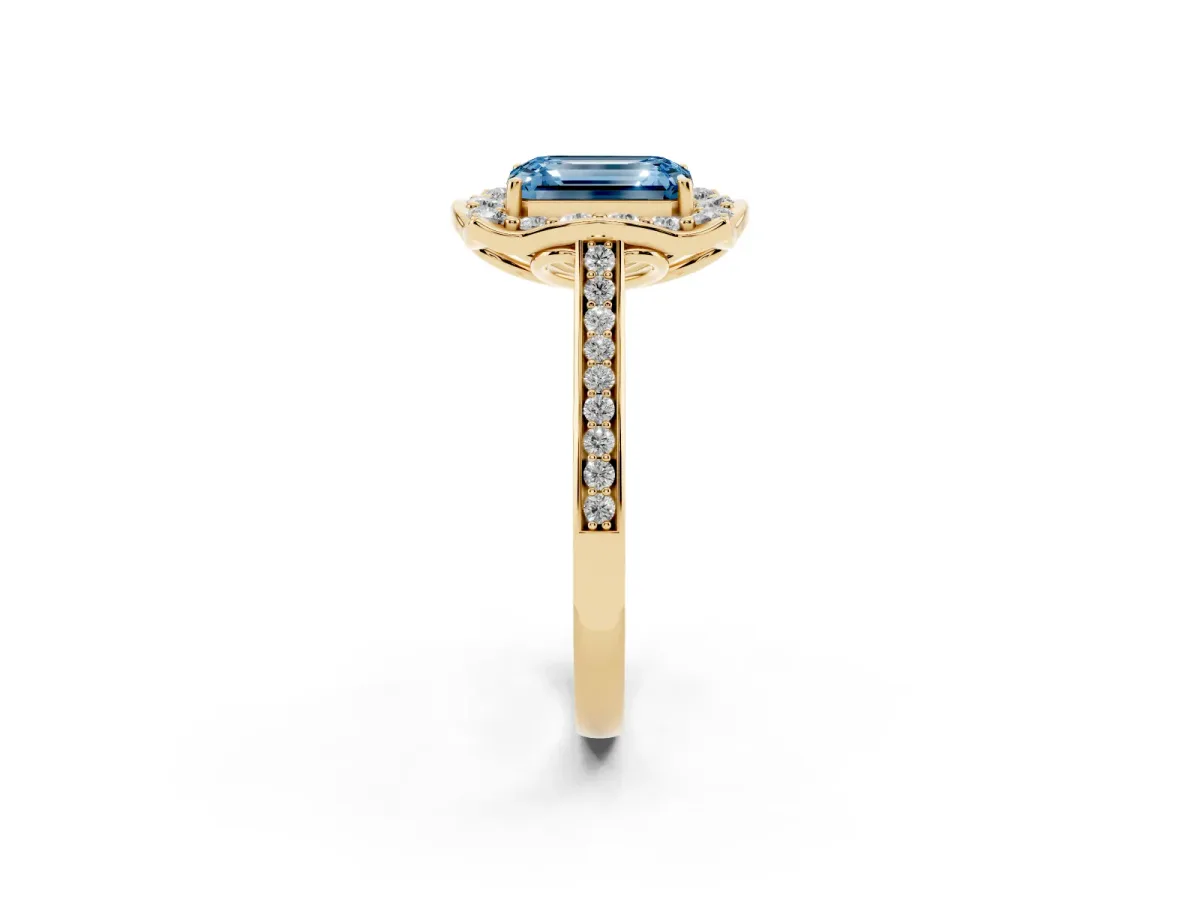 Fancy Blue Emerald Cut Halo Round Diamond Pave Band with Four-Prong Setting Yellow gold