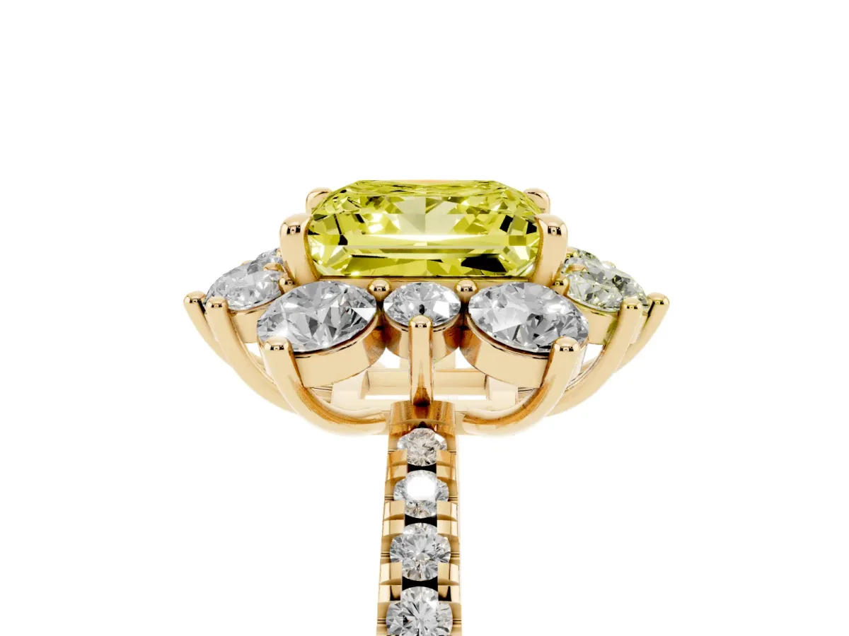 Fancy Yellow Princess Cut Diamond Floral Halo Ring with Round Pavé Band and Prong Setting Yellow gold