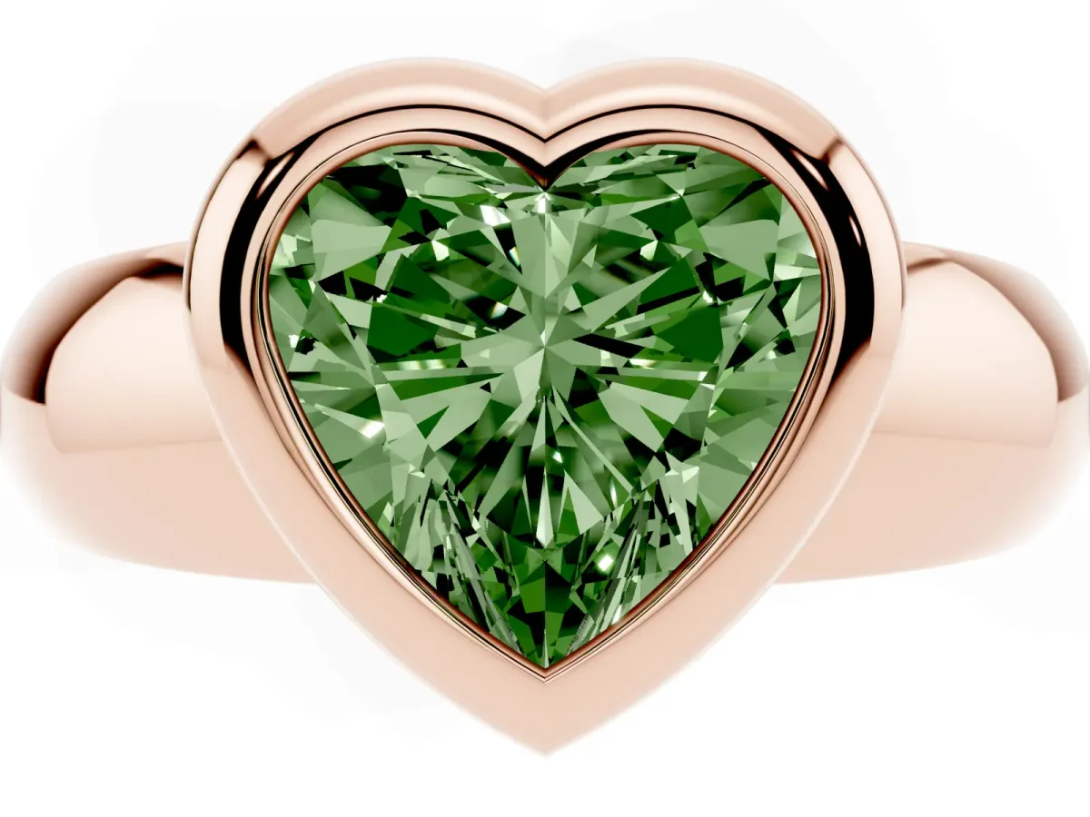 Fancy Green Bezel Set Heart Cut Solitaire Ring with Wide Band Rose gold