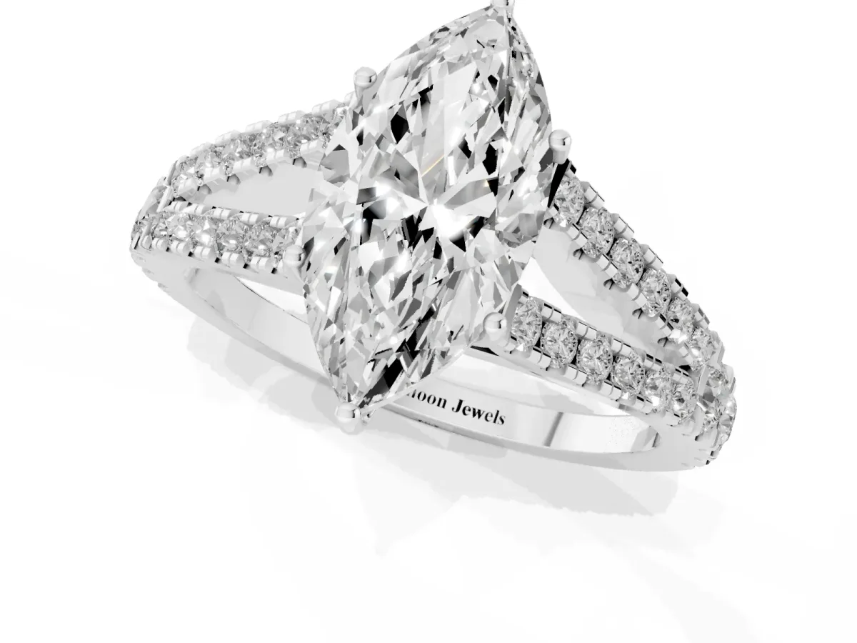Marquise Cut Diamond Split Shank Pavé Engagement Ring with Four-Prong Setting White gold