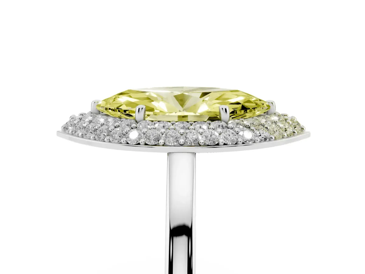 Fancy Yellow Marquise Cut Halo Diamond Engagement Ring with Solitaire Band and Four-Prong Setting Platinum