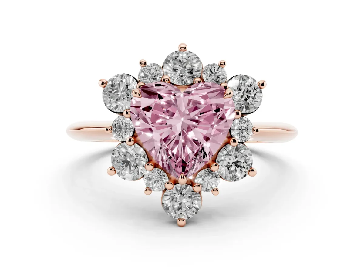 Fancy Pink Heart Cut Diamond Cluster Halo Ring with Solitaire Band and Four-Prong Setting Rose gold