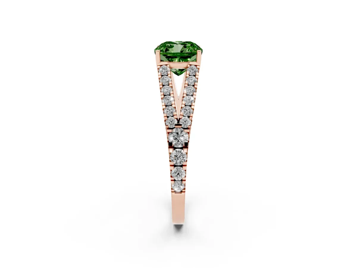 Fancy Green Cushion Cut Diamond Split Shank Pavé Engagement Ring with Four-Prong Setting Rose gold