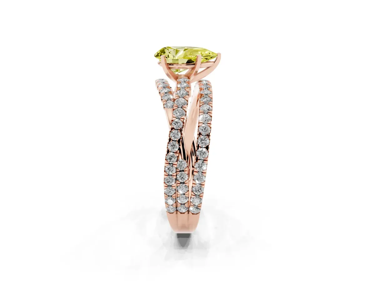 Fancy Yellow Pear Cut Solitaire Twist Band with Pavé Setting and Four-Prong Setting Rose gold