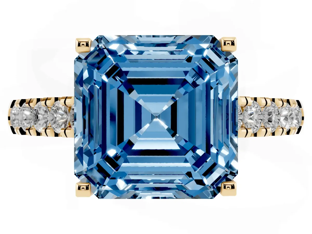Fancy Blue Asscher Cut Diamond Pavé Band Solitaire Ring with Prong Setting Yellow gold